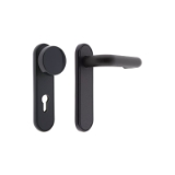 Juego de manilla y pomo fijo serie Monobloc cortafuego. Compatible con cerraduras serie CF60. Bocallave 72 mm lado del pomo. Negro.