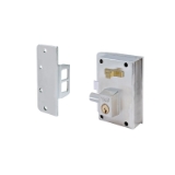 Cerradura de alta seguridad de sobreponer de un punto de cierre 10 con palanca y picaporte, cilindro de perfil forjado, mano izquierda, acabado hierro niquelado