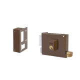 Cerradura de sobreponer de un punto de cierre 125 con palanca y picaporte, cilindro redondo de 25mm de diámetro, entrada de 70mm, caja de 140mm, mano izquierda, acabado hierro pintado