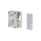 Cerradura de alta seguridad de sobreponer de un punto de cierre 10-C con palanca y picaporte, con cadena retenedora, cilindro de perfil forjado, mano derecha, acabado hierro niquelado