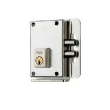 Cerradura de alta seguridad de sobreponer de un punto de cierre 10-0C de dos bulones con cadena retenedora, cilindro de perfil forjado, mano derecha, acabado hierro niquelado