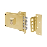 Cerradura de sobreponer de un punto de cierre 7-0 con cuatro bulones, cilindro YL6, entrada de 60mm, caja de 120mm, mano derecha, acabado latón mate