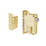 Cerradura de sobreponer de un punto de cierre 8 con tres bulones y picaporte, cilindro forjado, entrada de 40mm, caja de 70mm, mano izquierda, acabado latón mate