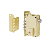 Cerradura de sobreponer de un punto de cierre 8 con tres bulones y picaporte, cilindro YL6, entrada de 40mm, caja de 70mm, mano izquierda, acabado latón mate