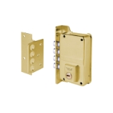 Cerradura de sobreponer de un punto de cierre 8-0 con cuatro bulones, cilindro forjado, entrada de 40mm, caja de 70mm, mano izquierda, acabado latón mate