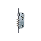 Cerradura de seguridad monopunto R201B de 4 bulones de cierre y picaporte, sin cilindro, frente redondeado, entrada de 50mm, escudo E700L, acabado acero inoxidable