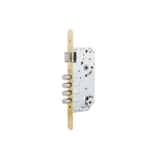 Cerradura de seguridad monopunto R201B de 4 bulones de cierre y picaporte, sin cilindro, frente redondeado, entrada de 50mm, escudo E700L, acabado hierro latonado