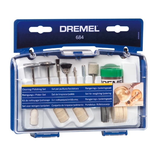 Set de limpieza y pulido Dremel, n.º 684 con 20 accesorios en una pequeña caja de plástico