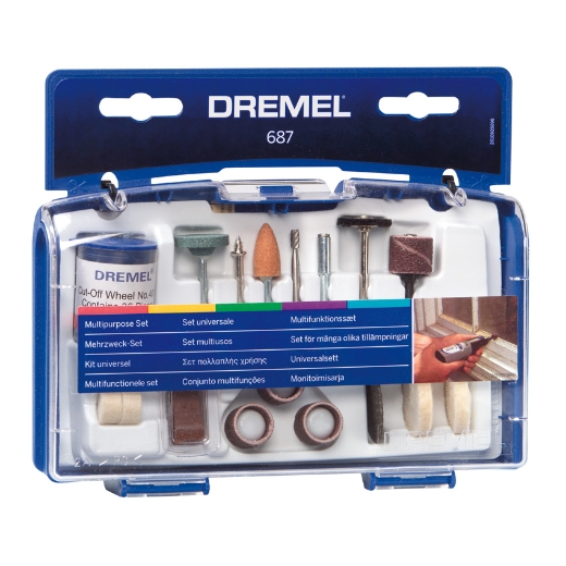 Dremel Set multiusos 687 con accesorios o cortar, tallar, lijar, limpiar, pulir, esmerilar y afilar en una pequeña caja de plástico