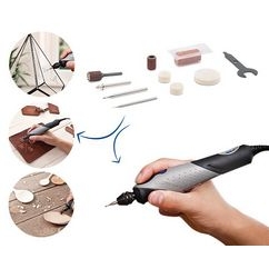 Una Dremel Stylo+ con 10 accesorios e imágenes de proyectos que se pueden hacer con la herramienta