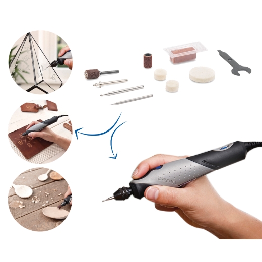 Una Dremel Stylo+ con 10 accesorios e imágenes de proyectos que se pueden hacer con la herramienta