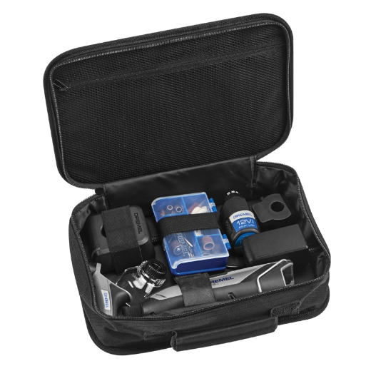 Dremel 8240 con 3 accesorios, 45 accesorios y el cargador guardados en un estuche negro con cremallera