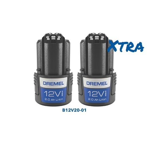 Dos baterías Dremel de 12 V con la palabra XTRA junto a la segunda