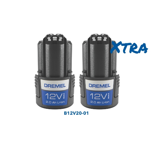 Dos baterías Dremel de 12 V con la palabra XTRA junto a la segunda