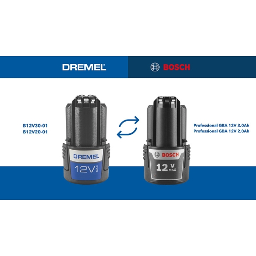 Baterías Dremel y Bosch de 12 V sobre fondo azul.