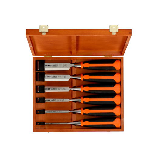 Stechbeitelsatz mit gummiertem Griff 6–26 mm – 6-teilig/Holzkiste